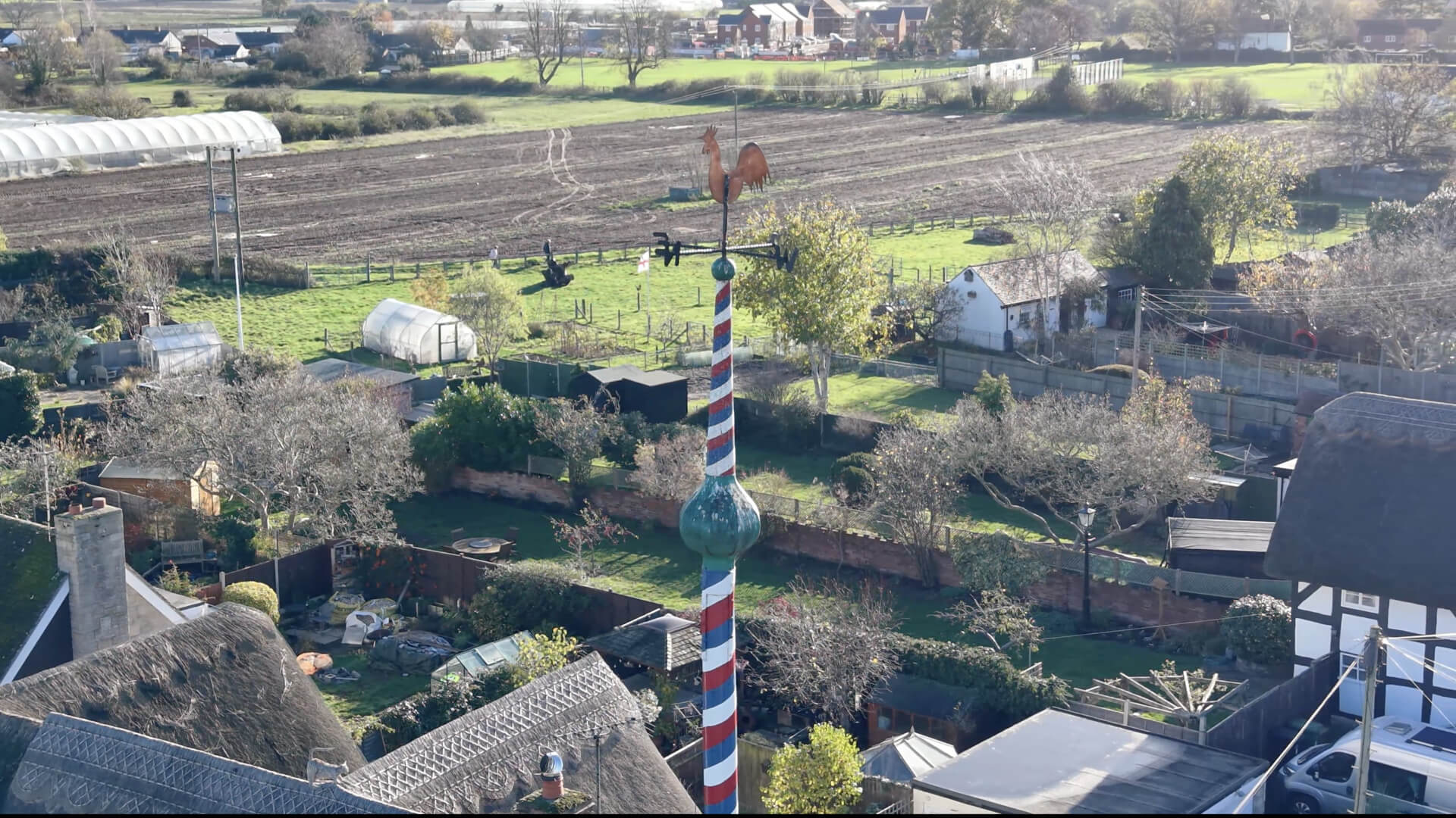 A photograph of Offenham parish maypole from a drone flyover