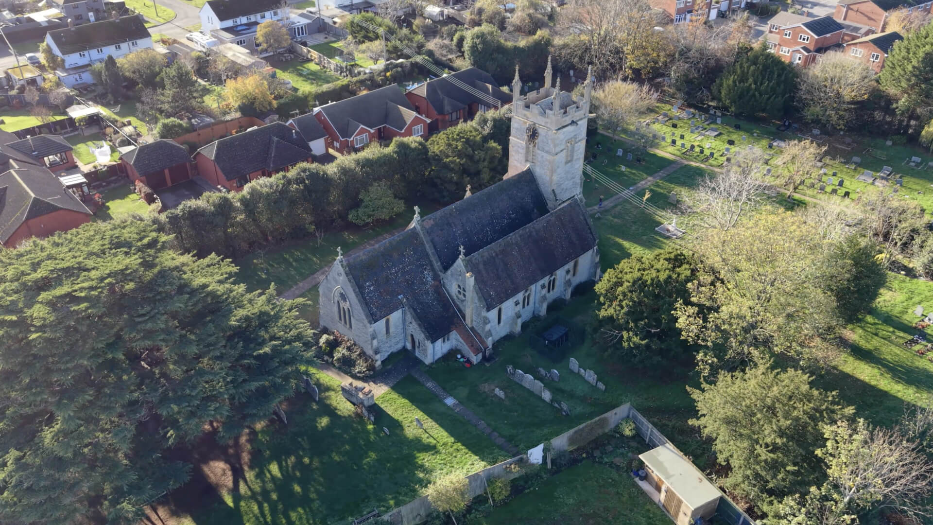 A photograph of Offenham parish church from a drone flyover