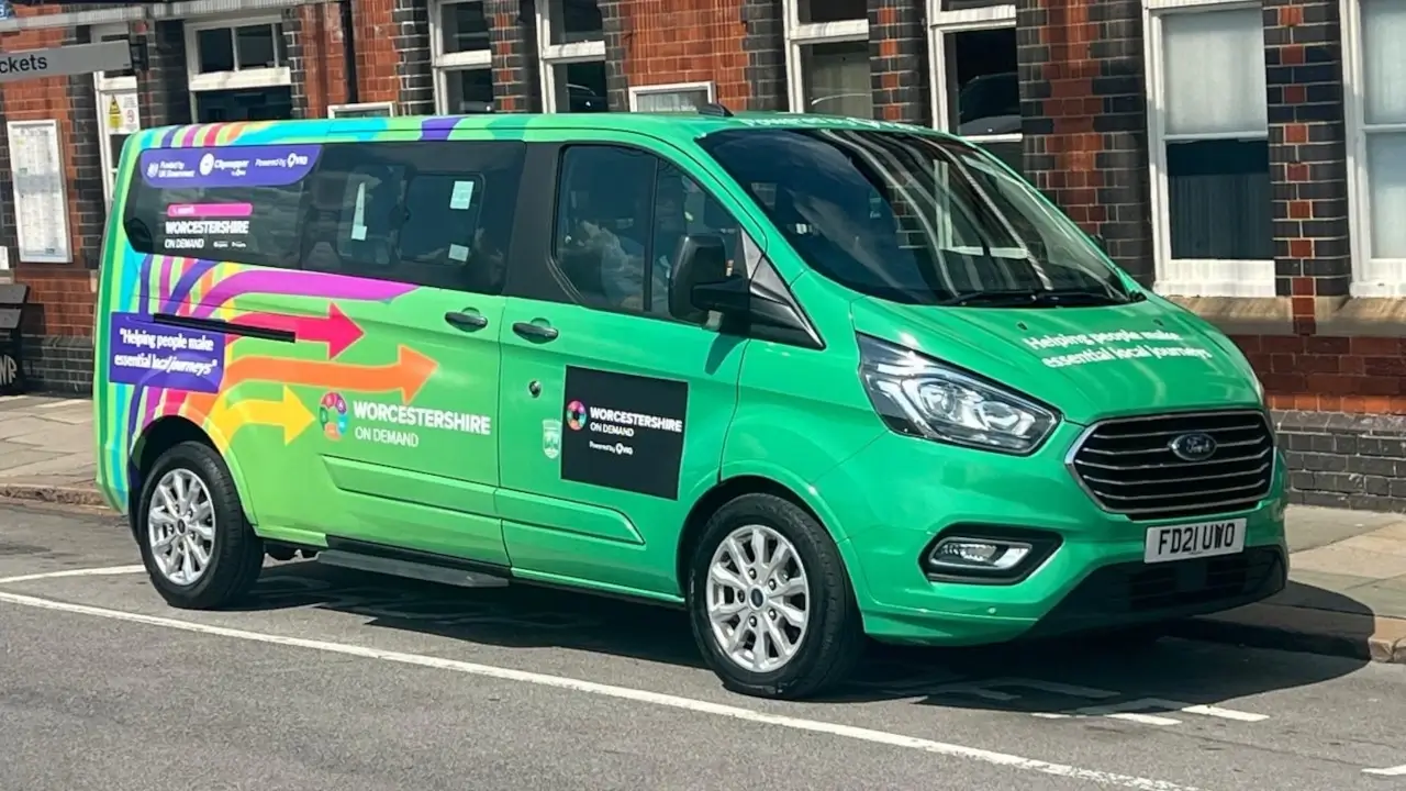 Worcestershire On Demand bus at Evesham Train Station